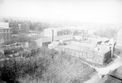 Aerial view of campus, Mechanical Engineering building (Mechanical Hall, the original Anderson Hall)