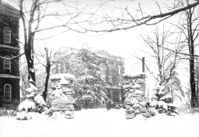 Administration building and snow-covered trees