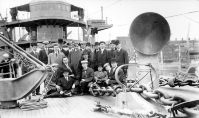 Engineering (class of 1910) trip to Norfolk, group photograph on ship's deck