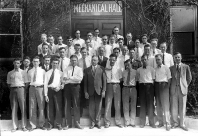Group photograph, students and professors, Mechanical Hall (the original Anderson Hall); Includes Professor Ed Freeman, Professor Brinkley Barnett, Professor Morris --?, James May