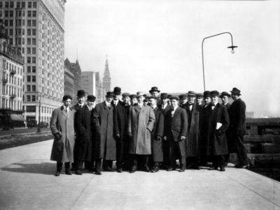 Unidentified group photograph in Chicago, lake is off to the right, senior class trip