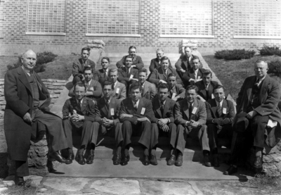 Group photograph on steps, south of engineering quadrangle