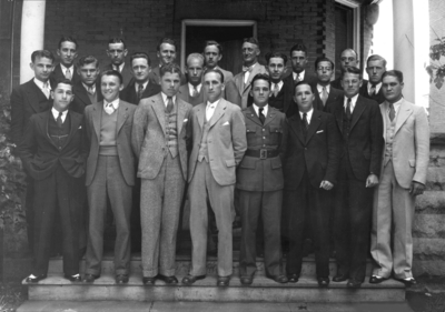 Triangle fraternity, includes Boyd left of door, Professor of Engineering, and Shaver second left rear, Professor of Engineering