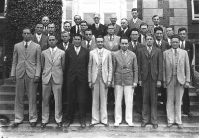 Group photograph, probably Omicron Delta Kappa, includes McVey, Professor William Edwin Freeman, Professor of Engineering, and Dean W. D. Funkhouser (on McVey's left)