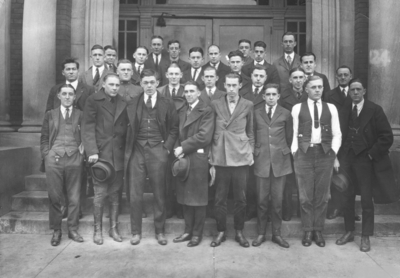 Group photograph on steps of Pence Hall, Civil Engineering students