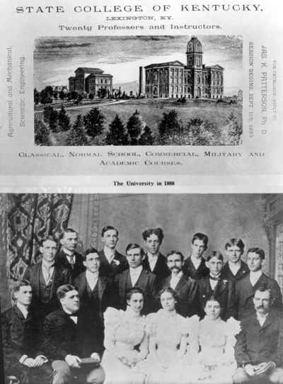 Top: photograph of a poster and a print, State College of Kentucky Advertisement, 1889, Bottom: class photograph from 1888
