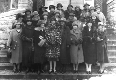 Unidentified women on steps of Miler Hall, sponsors