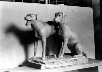 Statue of Jerry and Son, Dean F. Paul Anderson's dogs, now located in room 204 King Library, University Archives and Records Program