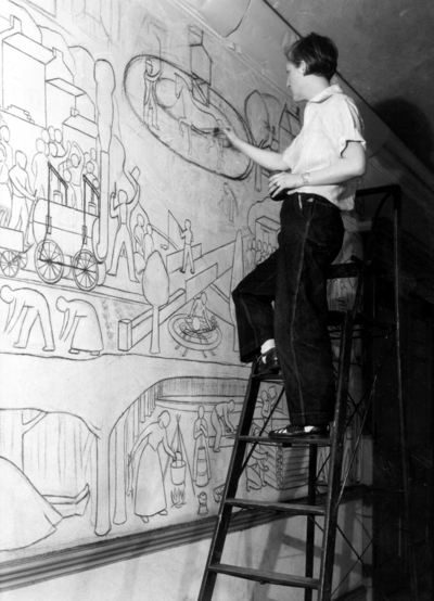 Woman working on Memorial Hall mural, Ann Louise Rice