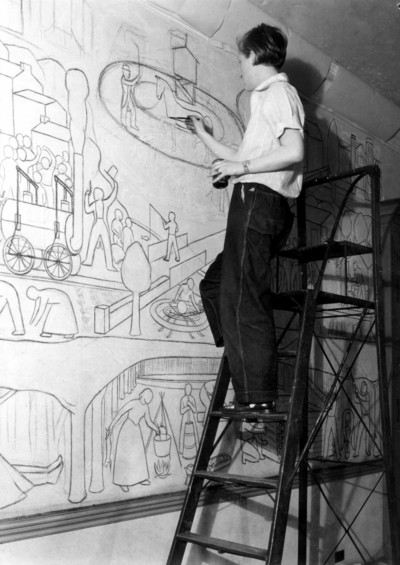 Woman working on Memorial Hall mural, Ann Louise Rice