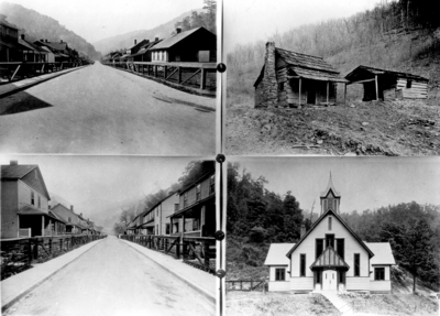 Lynch, Kentucky, two of houses, one of log cabin, and one of a church