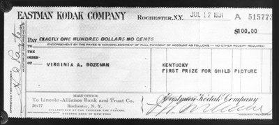 Copy of a check requested by Virginia Anderson Bozeman