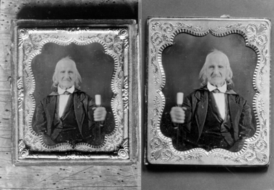 Two copies of the same portrait, unidentified older man with cane, probably late nineteenth century