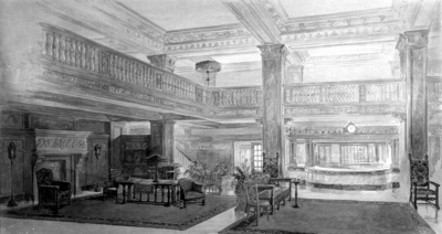 Drawing / watercolor painting of lobby of Hotel Lafayette in Lexington (now city government building)
