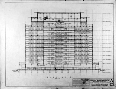 Kentucky, state office building, section plans, Frankfort, Kentucky, by University of Kentucky College of Engineering, architect, Ernst Vern Johnson, structural engineer, Samuel A. Mory Jr., mechanical engineer, Mathew A. Cabot, detailed June 1958, T.V. Johnson, traced July 1958, L.P. Thompson, checked August 1958, Ernst Johnson