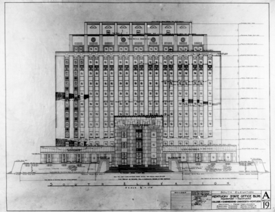 Kentucky, state office building, south elevation  plans, Frankfort, Kentucky, by University of Kentucky College of Engineering, architect, Ernst Vern Johnson, structural engineer, Samuel A. Mory Jr., mechanical engineer, Matthew A. Cabot, detailed June 1958, T. V. Johnson, traced July 1958, L. P. Thompson, checked August 1958, Ernst Johnson