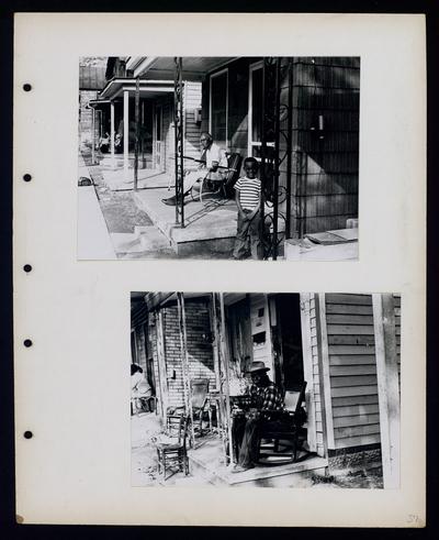 African-American man sitting on a porch with a smiling child looking at the camera, African-American man sitting on his porch, both pictures taken on Kenton Street