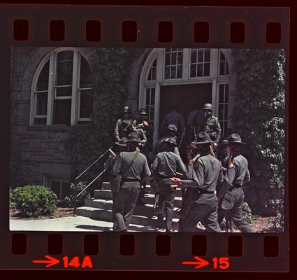 Soldiers and people in front of Buell Armory