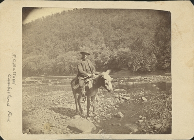 R.C. Ballard atop a mule at the Cumberland Ford