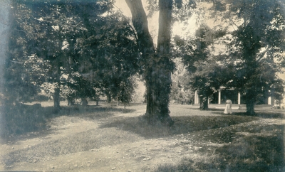 Yard with large tree in center and woman standing in a white dress; Variant print of #121