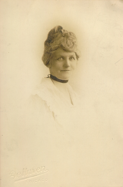 Elderly woman with black ribbon on neck and white blouse, printed on cardstock