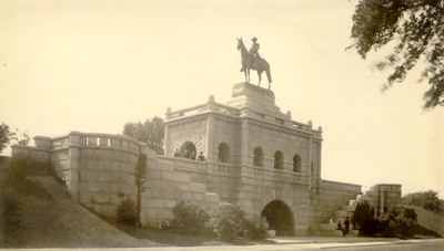 Large stone monument with horse and rider statue at top; Monument of Ulysses S. Grant; Variant of #53