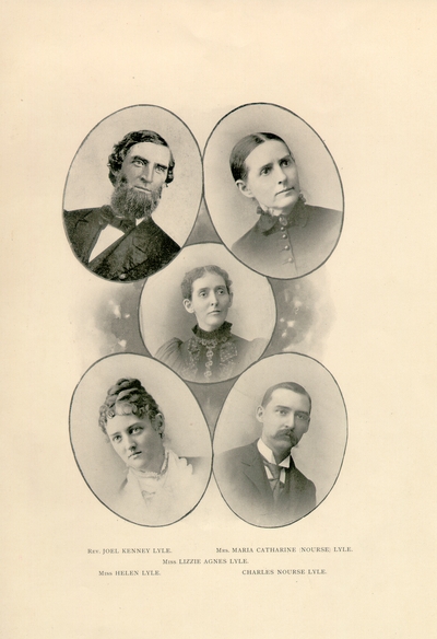 Collage of J.K. Lyle, Mrs. M.C. Lyle and their children: Lizzie Lyle, Helen Lyle, and CAN. Lyle, names labeled at bottom of collage