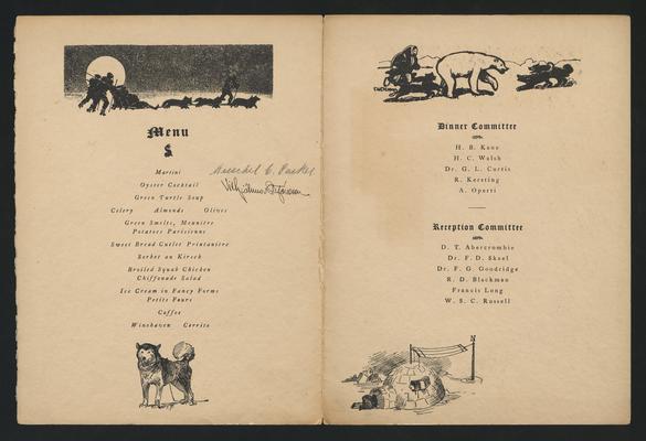 Menu for the nineteenth annual dinner of the Arctic Club of America, signed by Vilhjalmur Stefansson