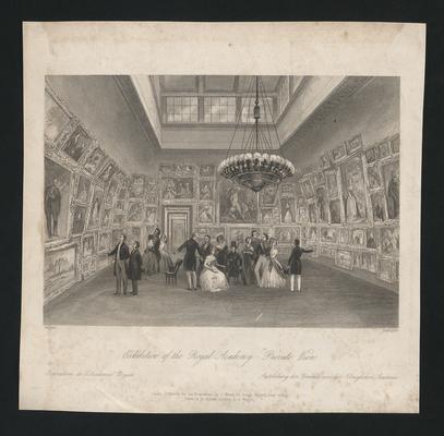 Print of an exhibition at the Royal Academy, with original notation from disbound volume