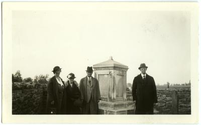 Four people by Governor Isaac Shelby's Grave at Traveler's Rest;                              Taken Sunday, May 15, 1938 noted on back photo