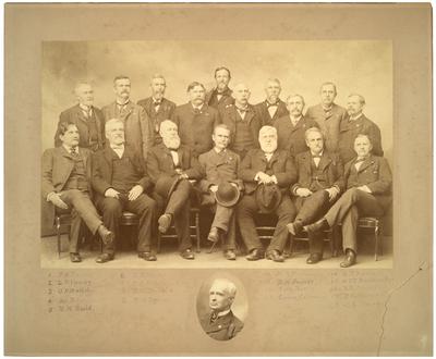 Prisoners of war in Columbus, Ohio, with Morgan; Names are handwritten in pencil on front                              1. P. H. Eastin / 2. L. P. Young / 3. O. F. Redd / 4. Geo. B. Taylor / 5. Rm M. Redd / 6. J. R. Morton / 7. C. F Estill / 8. A. W. Macklin / 9. R. K. Byrnes / 10. H. R. Engman / 11. D. H. James / 12. Robt. Berry / 13. Cicero Colman / 14. B. B. Bigstaff / 15. W. C. P. Breckenridge / 16. R. S. Bullock / 17. R. C. Morgan / 18. O. S. Tenney