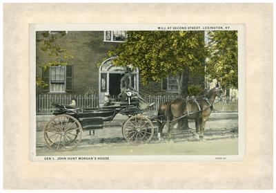 Hunt-Morgan House, historically known as Hopemont, exterior; horse-drawn carriage in front of house; postcard glued to paper