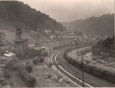 Tipple, coal cars and housing on a foggy morning.  Cabels, McDowell County, W. Va. 8/13/46