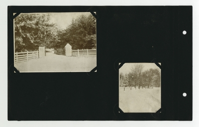 (2) photographic prints: Campus entrance gates; winter campus scene