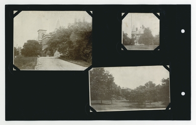 (3) photographic prints: Drive in front of Administration Building with Gillis Building tower visible; Ezra Gillis Building; trees on the lawn