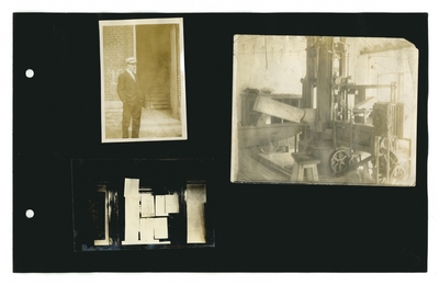 (3) photos: [E.J. Kohn]; machine in a shop; papers posted on a door