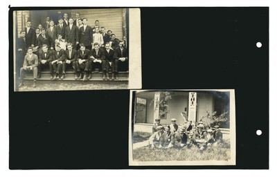 (2) photos: Group portrait of male students and 1 young girl on steps of building; group portrait of male students sitting on grass in front of house