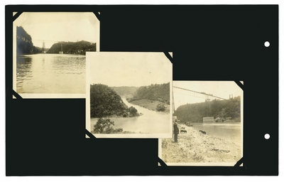 (3) photos: Highbridge and Kentucky River; Kentucky River; Highbridge with train, pigs on banks of Kentucky River