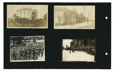 (4) photos: Experiment Station; Buell Armory; Soldiers on parade; man with bear in front of Gillis Building