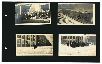 (4) photos [in Chicago?]: group of men with suitcases; long view of unidentified building; 2 men in snow outside building; group of men in snow outside building