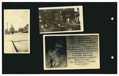 (3) photos [in Chicago?]: street view with monument in background; machine room; photo of invitation to a dinner