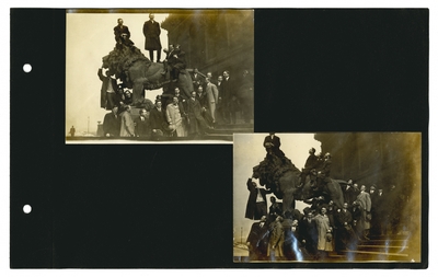 (2) photos of group of men posing on and around lions in front of Chicago Art Insitute