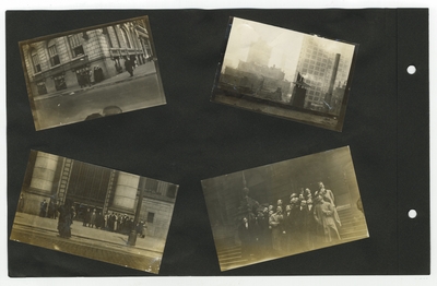 (4) photos: Chicago street scene; smokestacks and buildings in Chicago; Group of men on Chicago street; Group of men on steps in front of Chicago Art Institute