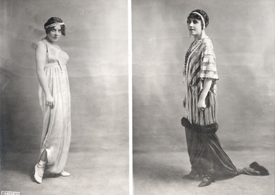 Two tango gowns: 1) White satin; and 2) Black satin; both by Paul Poiret, Paris