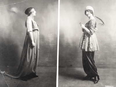 Two tango dresses: 1) Yellow satin; and 2) Violet satin; both by Paul Poiret, Paris