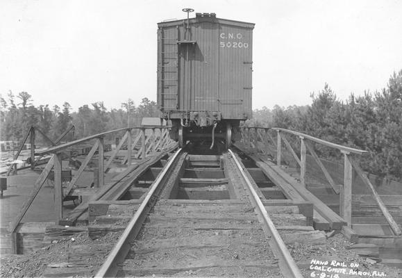 Railroad car and hand rail on a coal chute, 1914