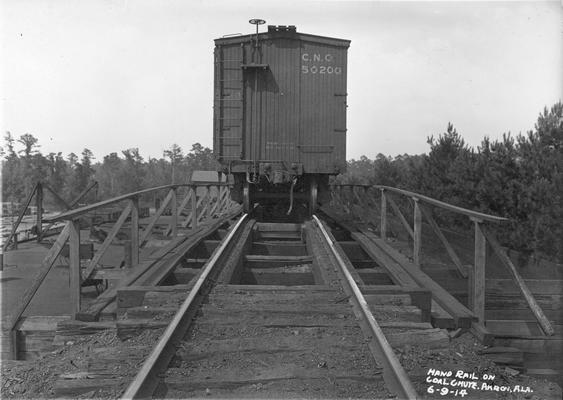 Railroad car and hand rail on a coal chute, 1914