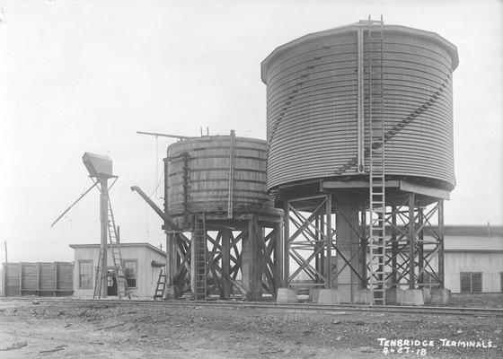 Tenbridge Terminal, water tower to refill steam locomotive, smaller structure to the elft is a sand facility, on the Cinncinnati, New Orleans & Texas Pacific Railway (CNO&TP), April 27, 1918