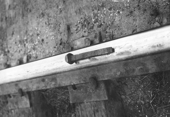 Railroad spike on a rail of a railroad track