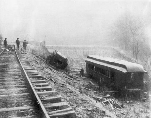 Overturned train car, view from tracks, July 3, 1934